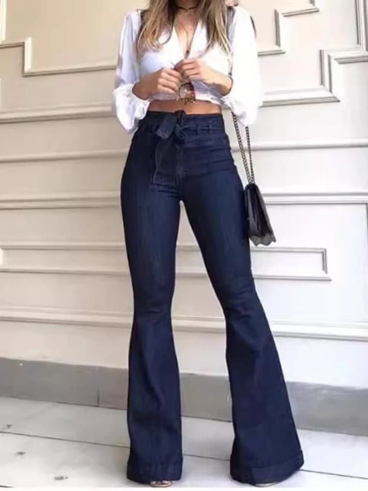 Y2k Pantaloni svasati a vita alta tinta unita Tasche piatte con cerniera da donna Streetwear Bottone patchwork sottile Jeans con cintura leggermente elasticizzata