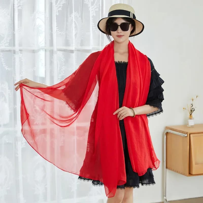 Red silk scarf in chiffon for woman, long shawl in solid color, sun protection cover for parties