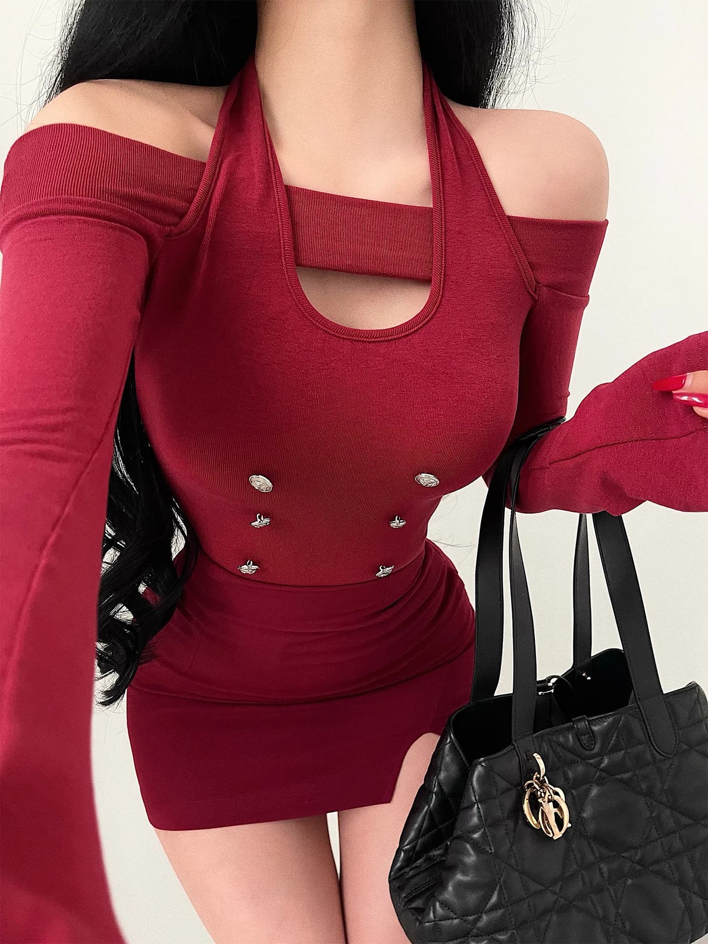 Sexy Hollow out Long Sleeve T-Shirt Double Button Decoration Hanging Neck Design for Young Girls Fashionable Casual Top