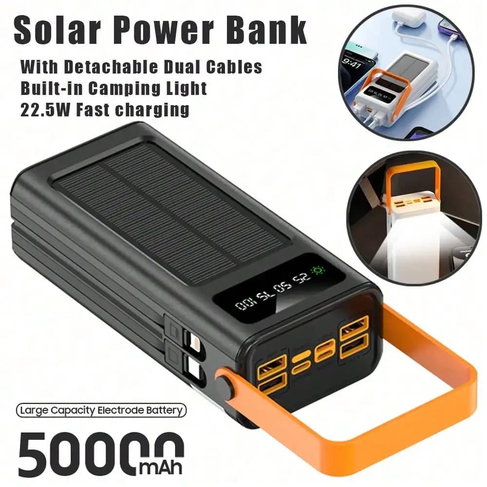 1pcs 50000mAh high-capacity solar power bank suitable for outdoor travel, camping, and emergency power needs. It features a built-in camping light, a detachable charging cable, and multiple output ports, making it compatible with a wide range