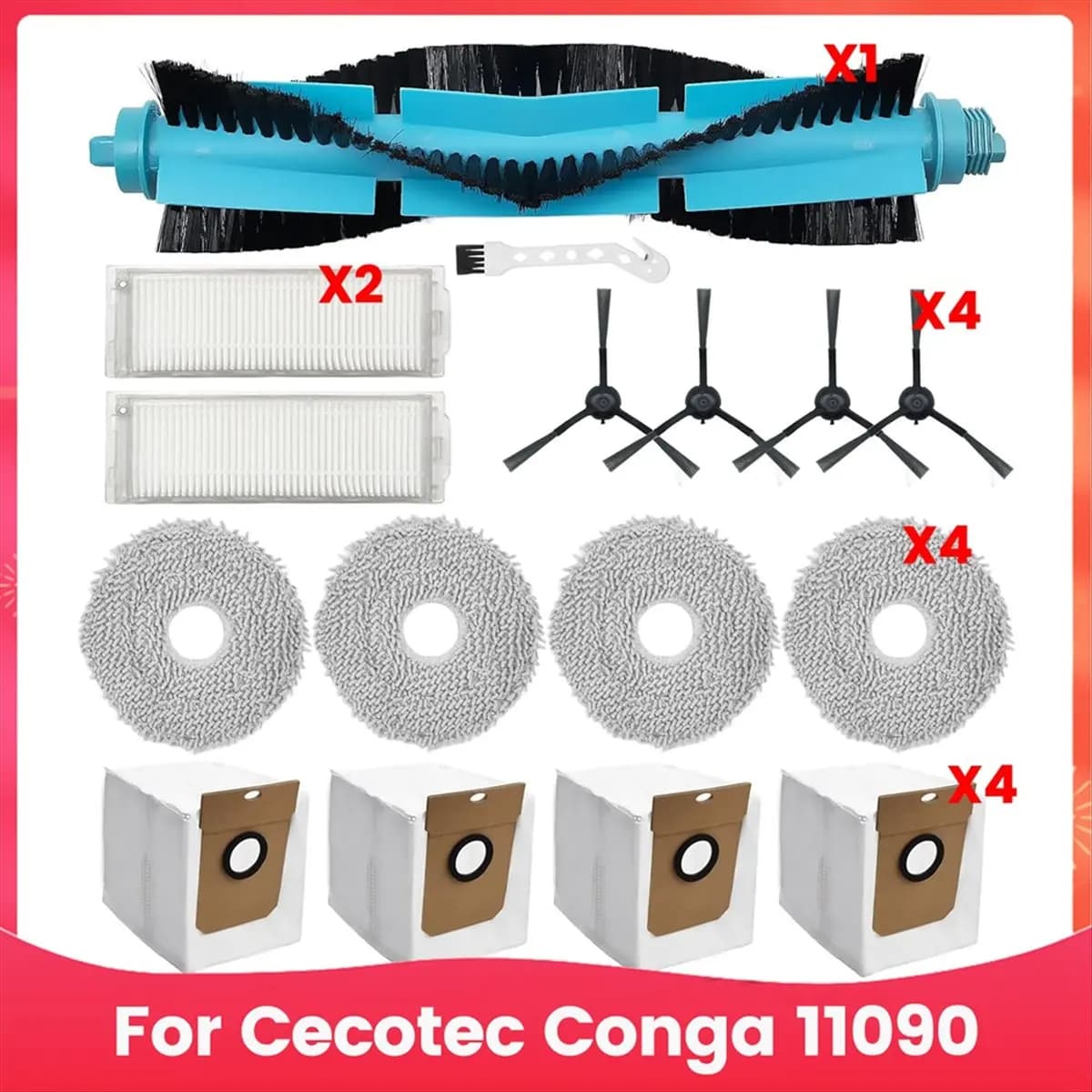 T80C! Parti di Ricambio per Robot Aspirapolvere Cecotec Conga 11090: Spazzola Principale, Spazzola Laterale, Filtro HEPA, Panno per Pulizia, Sacchetti per la Polvere