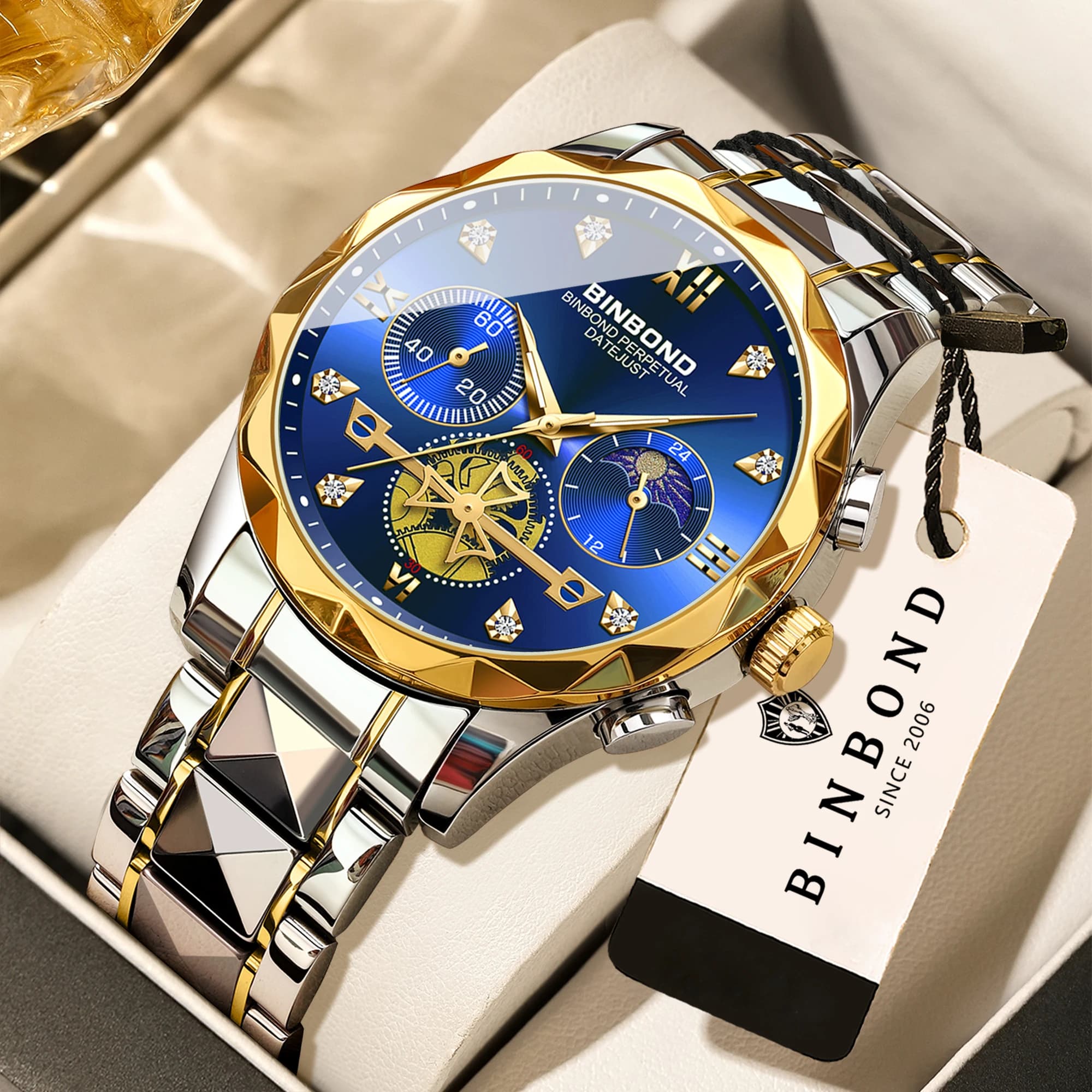 Orologio da uomo BINBOND di lusso con cronografo, orologio al quarzo impermeabile con cinturino in acciaio luminoso, orologio sportivo casual alla moda.