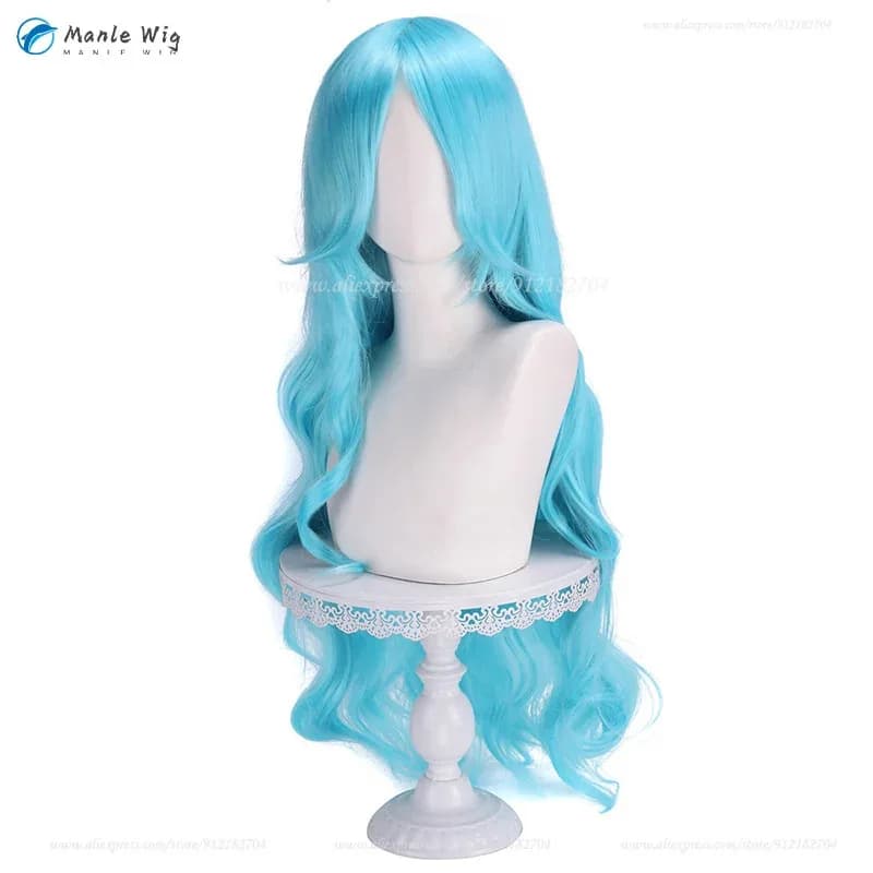 Anime Cosplay Donna Blu 80 cm Riccioli Lunghi Nefeltari Vivi Parrucche Capelli Sintetici Resistenti Al Calore + Protezione Della Parrucca