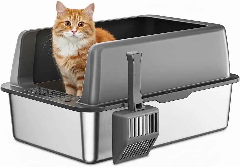 Lettiera per Gatti XL in Acciaio Inossidabile, Lettiera Extra Large con Bordi Alti, Lettiera in Metallo per Gatti Grandi, Antiaderente, Facile da Pulire