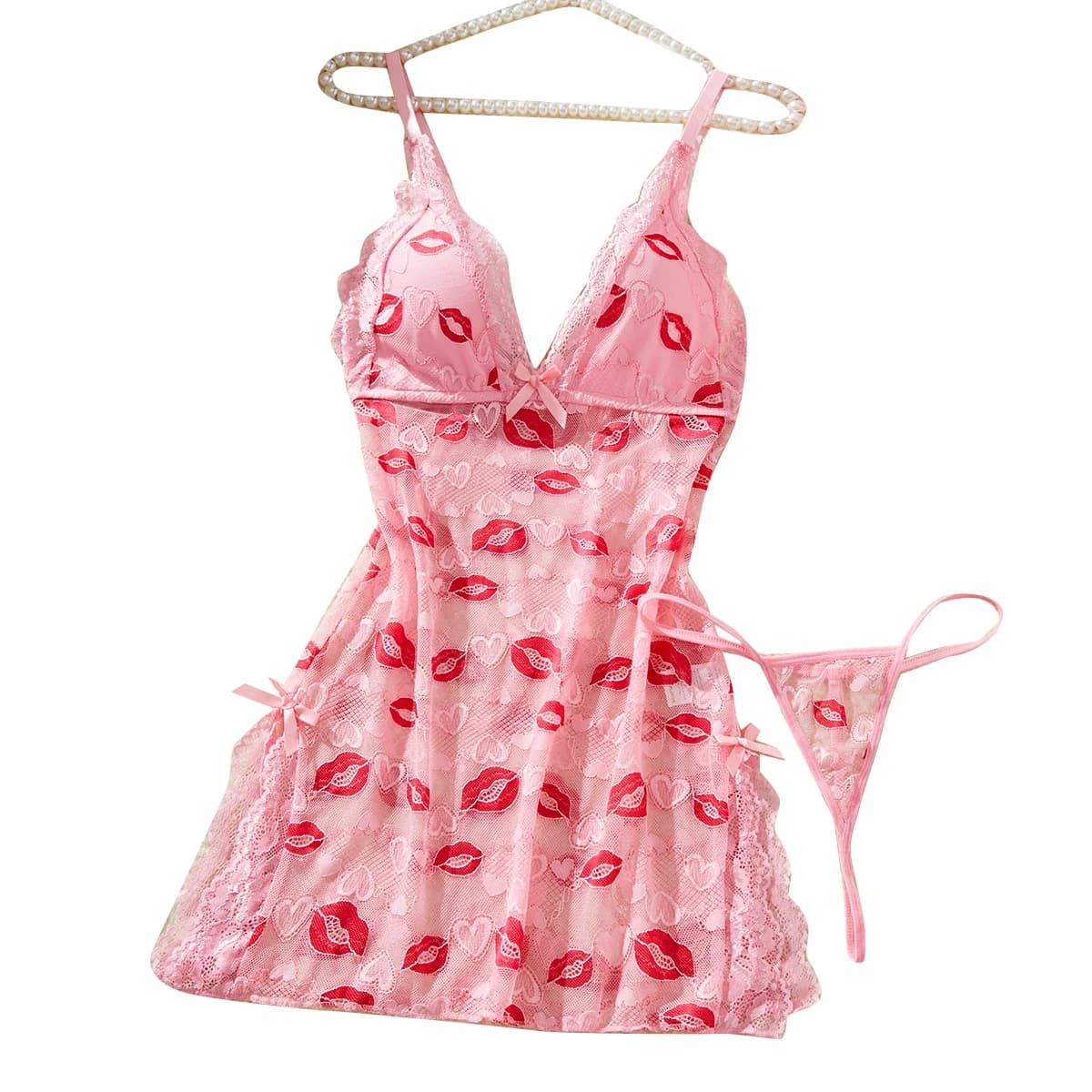 Lingerie Babydolls Lips Prints Night Dress Pink Lace Underwear Women Babydoll Dress Soft Sleepwear Festival Gift