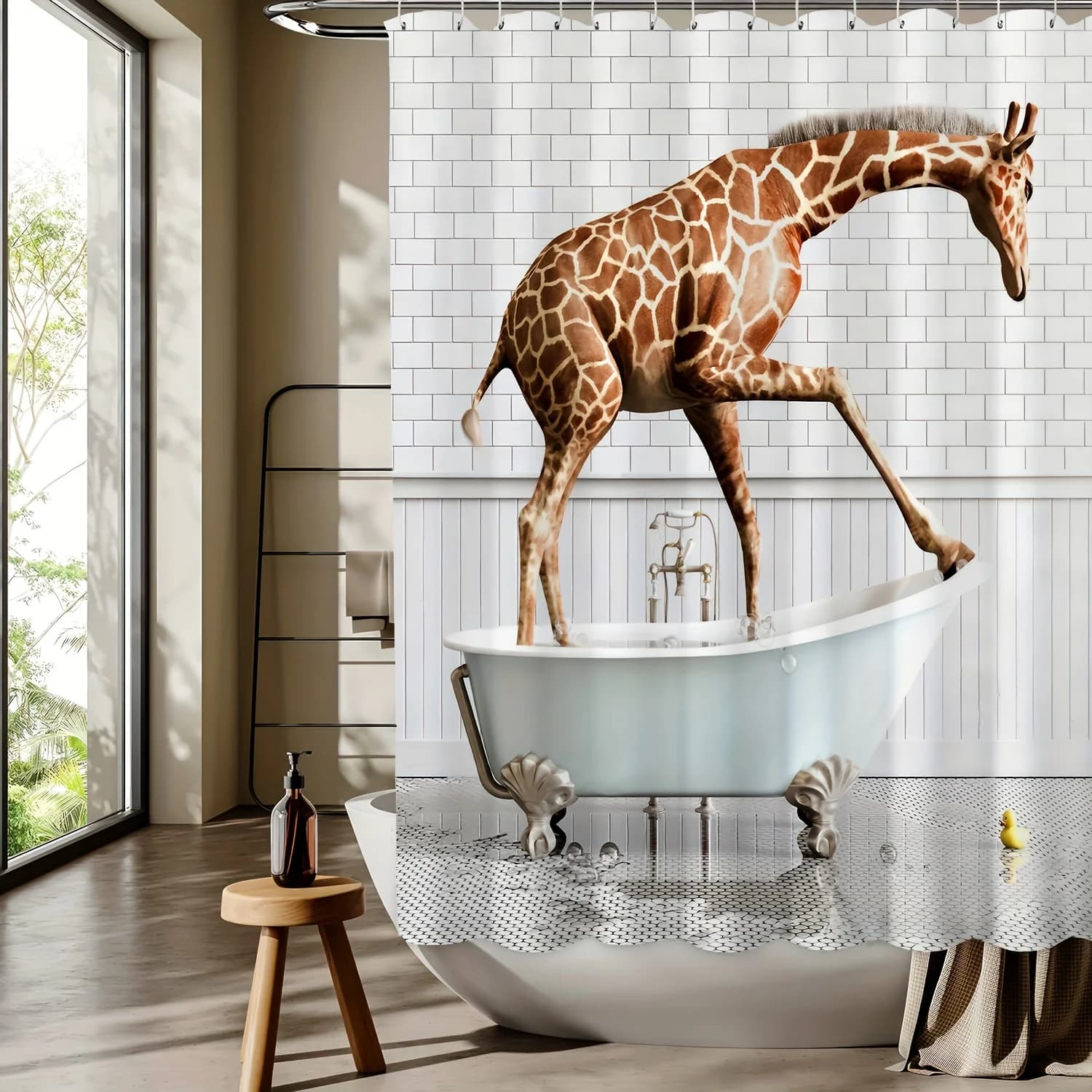 Tenda da doccia con stampa digitale per vasca da bagno con giraffa, gancio gratuito incluso, lavabile in lavatrice, poliestere reversibile, arredamento per il bagno per tutte le stagioni