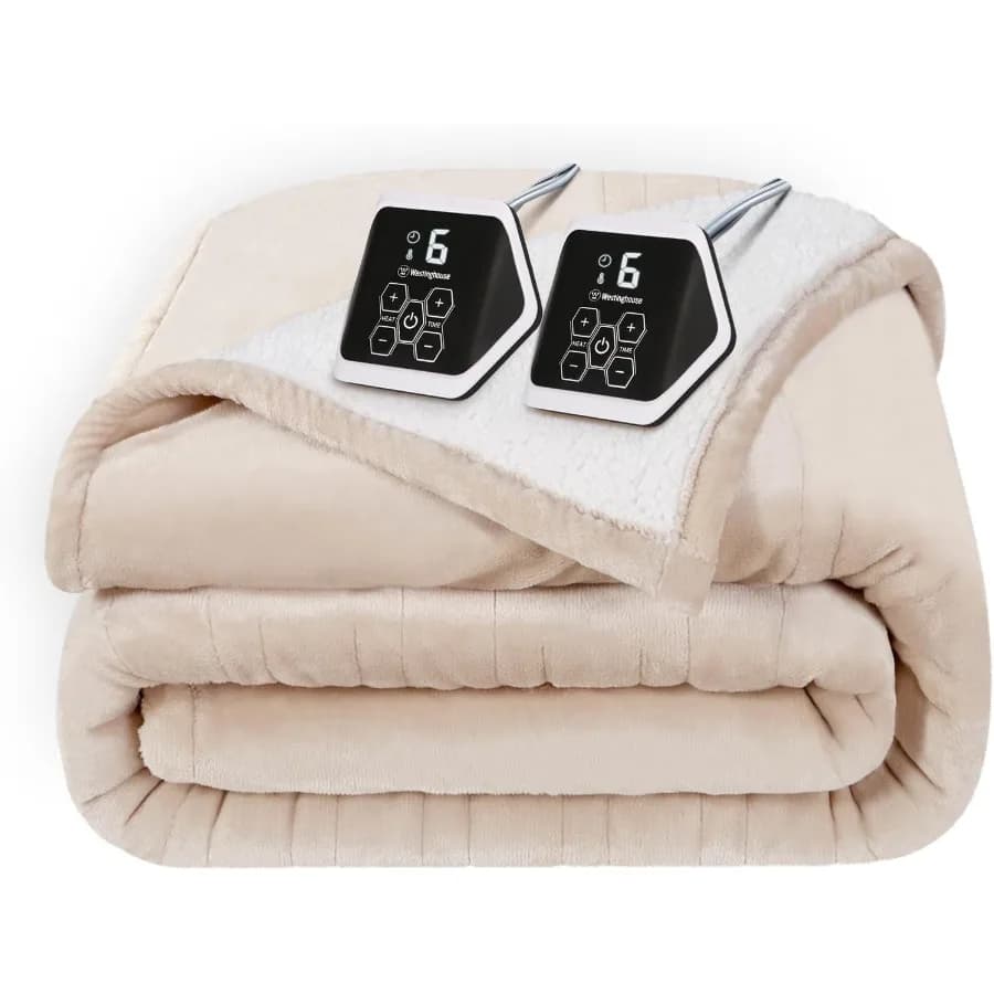 Coperta riscaldata elettrica - Flanella morbida queen size a Sherpa 10 livelli di riscaldamento Spegnimento automatico 12 ore Lavabile in lavatrice 84x90 pollici Beig