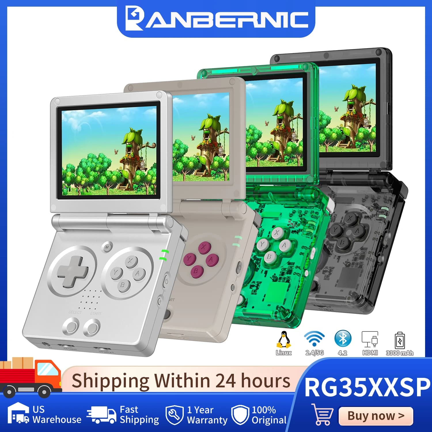 Anbernic RG35XXSP Portable Flip Retro Handheld Game Console Linux 64-bit 3.5 '' IPS Screen Built-in 64G TF Card Pre-Installed 5000 Games 3300mAh Clamshell Games Console Supports 5G WiFi HDMI Streaming