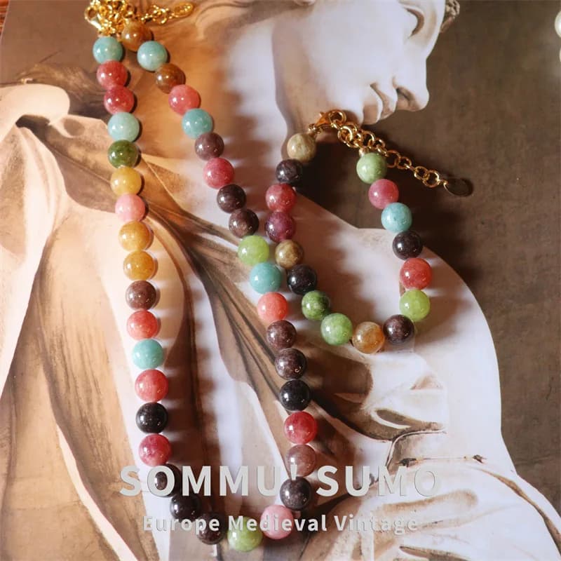 Collana a sette colori con tormalina naturale in stile europeo, set di bracciali a catena con clavicola in pietra portafortuna di fascia alta. Gioielli gonna abito