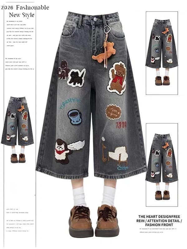Retro American Cartoon Embroidered Towel High Waist Wide Leg Jeans Women's Trendy Loose Fit Straight Cut Short Pants