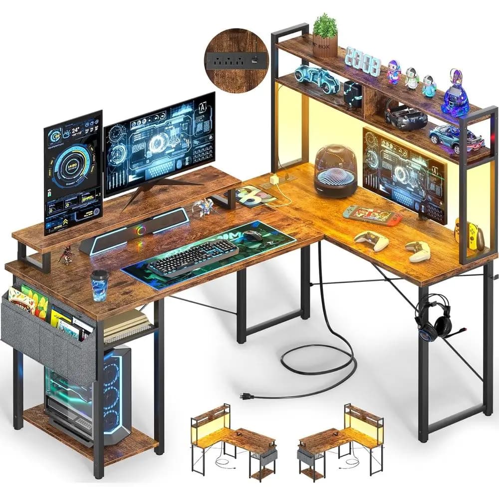 L-Compatta Gaming desk with Current sockets, 48-inch Reversible L-computer desk with Monitor and Storage shelf, for Games