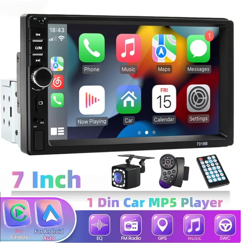 Hippcron Autoradio da 7 pollici 1DIN con Carplay cablato, Android Auto, lettore multimediale MP5 universale, schermo touch HD, ingresso AUX, BT, Mirror Link