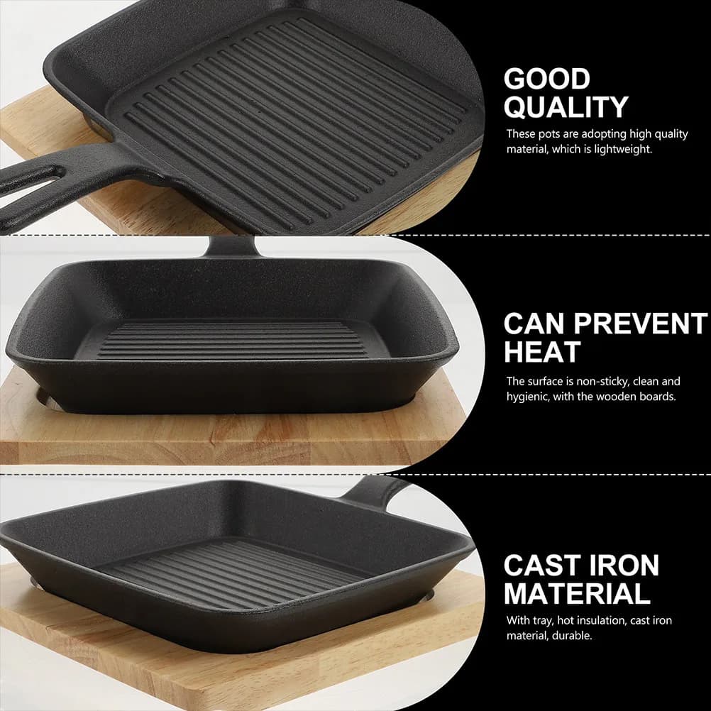 1 set di padelle quadrate in ferro antiaderenti per pancake, uova, bistecche, gadget da cucina da campeggio con piano in legno nero