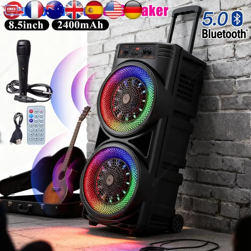 Altoparlante Bluetooth Portatile Potente con Subwoofer, USB/TF/AUX/FM/MIC, Luce LED, Lunga Durata per Feste, Campeggio, Giardino, Spiaggia