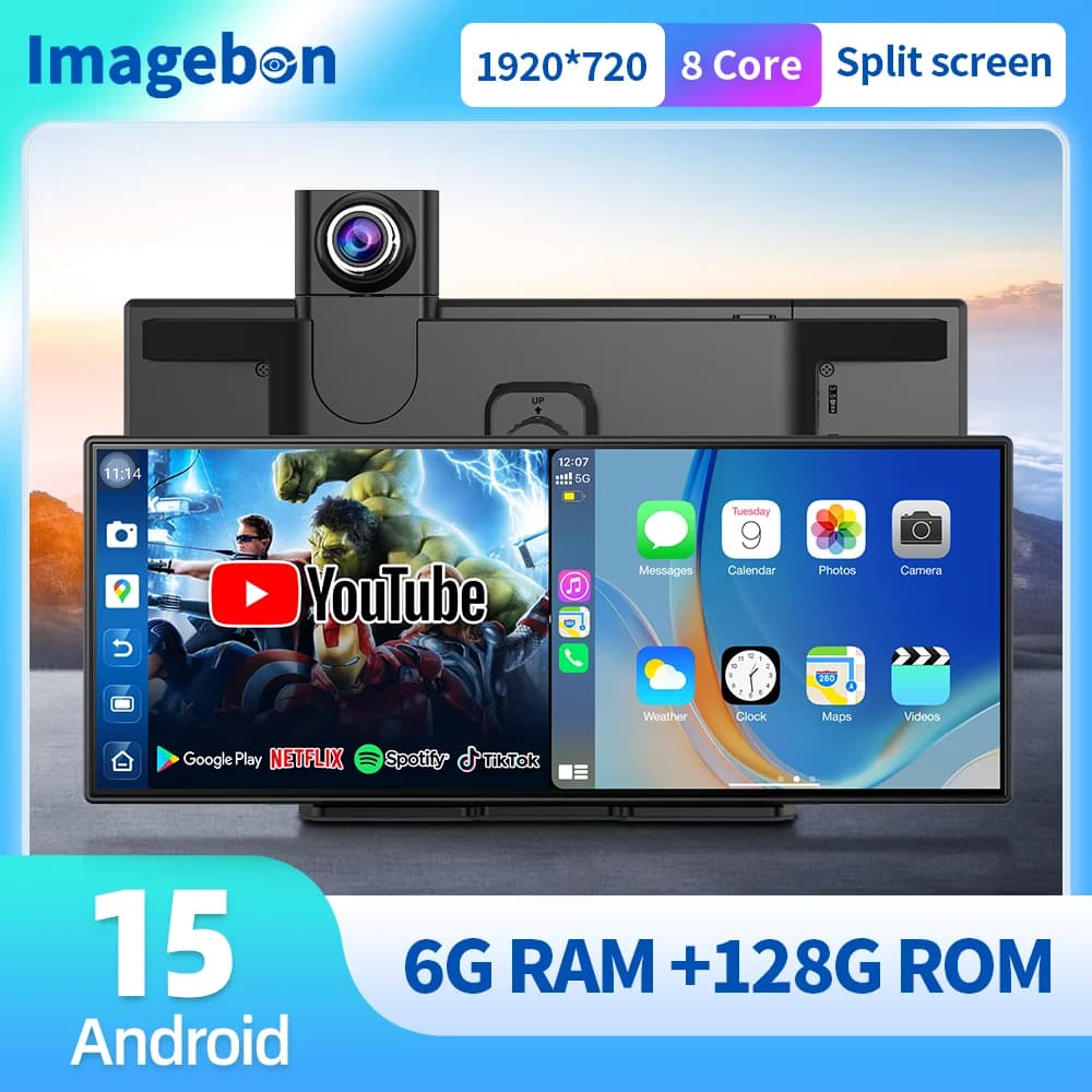 Imagebon P70 11.4" Android 14 Dashcam 8 Core Wireless Carplay & Android Auto Monitor Split Screen Car DVR GPS AI Navigation GPS