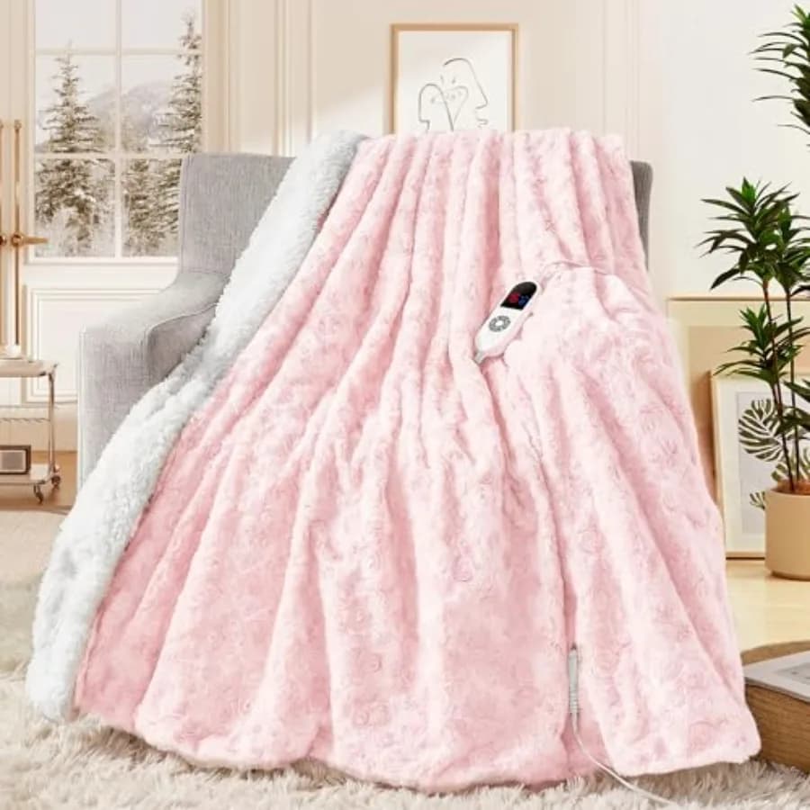 Coperta Elettrica Riscaldata 50"x60" in Finta Pelliccia di Coniglio con 6 Livelli di Riscaldamento e Spegnimento Automatico Dopo 12 Ore, Regalo Caldo per Nonna