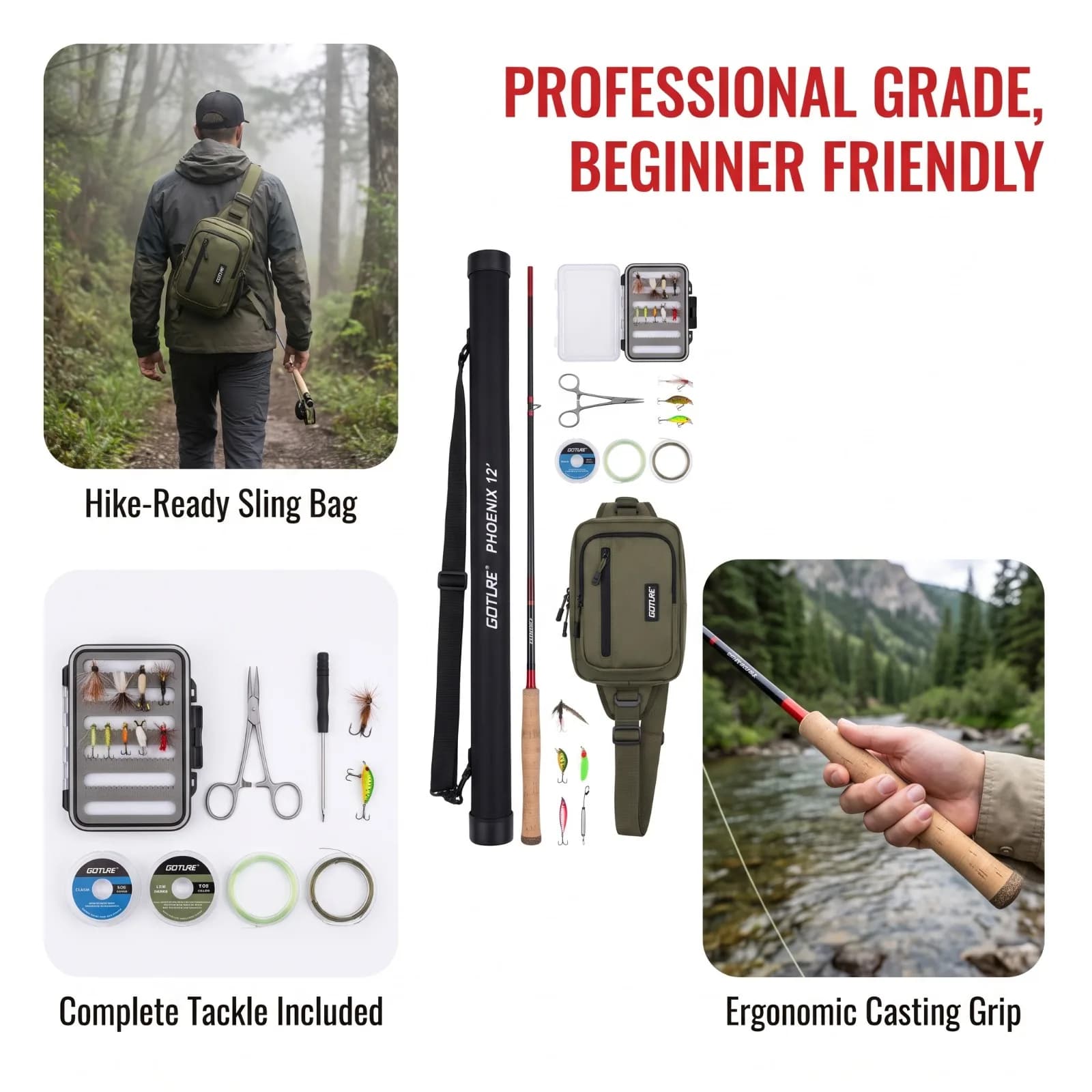 Goture 12FT 3.6M Tenkara Fly Fishing Rod Set Complete Tackle Kit with Backpack Hand-Tied Flies for Mountain Stream Trout Angling