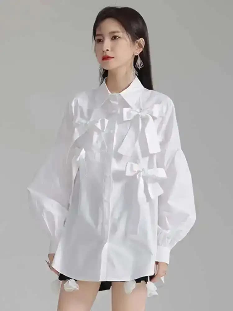 Camicetta elegante da donna con fiocco bianco impiombato di grandi dimensioni Camicia a maniche lunghe con risvolto nuovo Moda marea Primavera Autunno