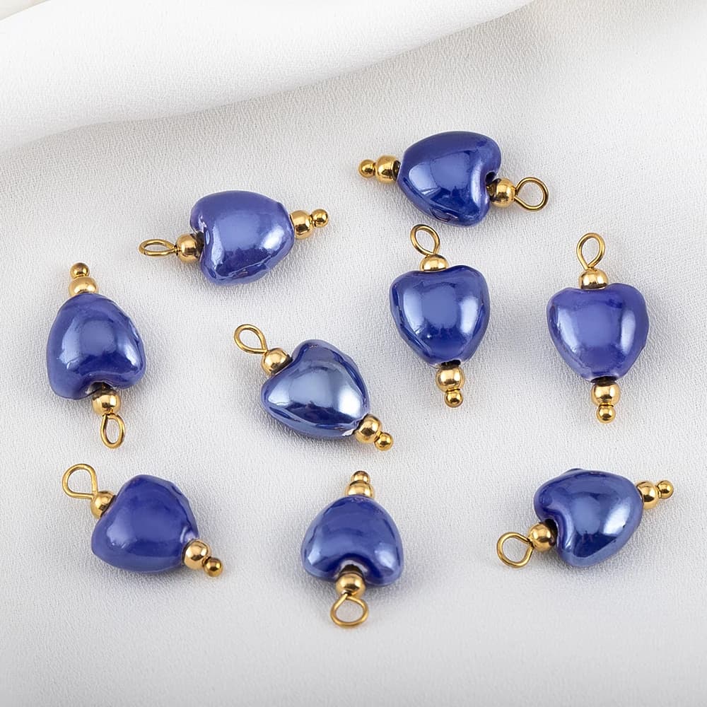 5Pcs Painted Ceramic Hoop Cylinder Bead Blue Flower Heart Pendant Stainless Steel Charm for Earring Jewelry Making Supplies