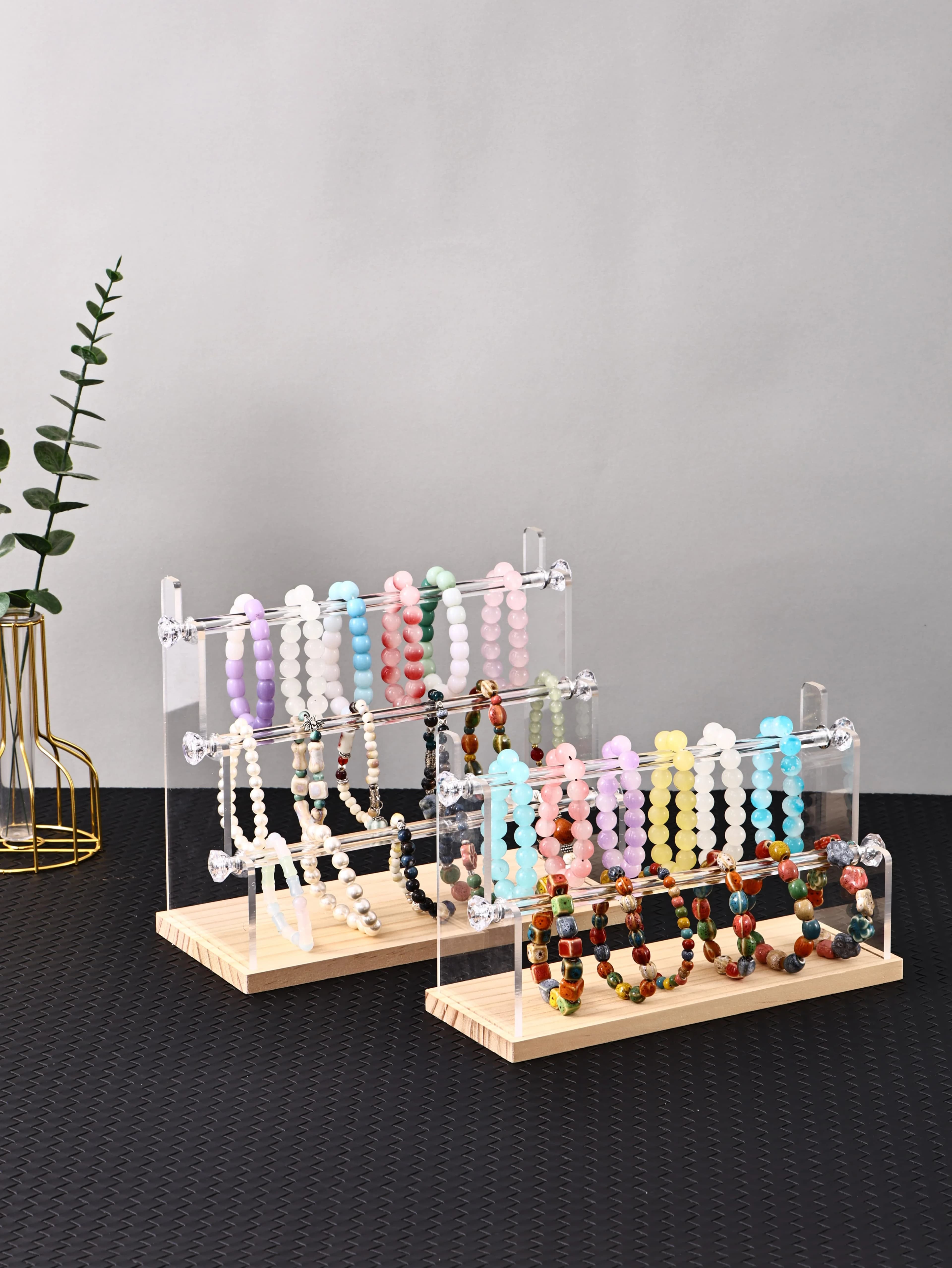 Acrylic Tiered Jewelry Display Stand Wooden Base Multi‑Layer Bracelet Beaded Chain Display Rack Desktop Ornament Storage Prop