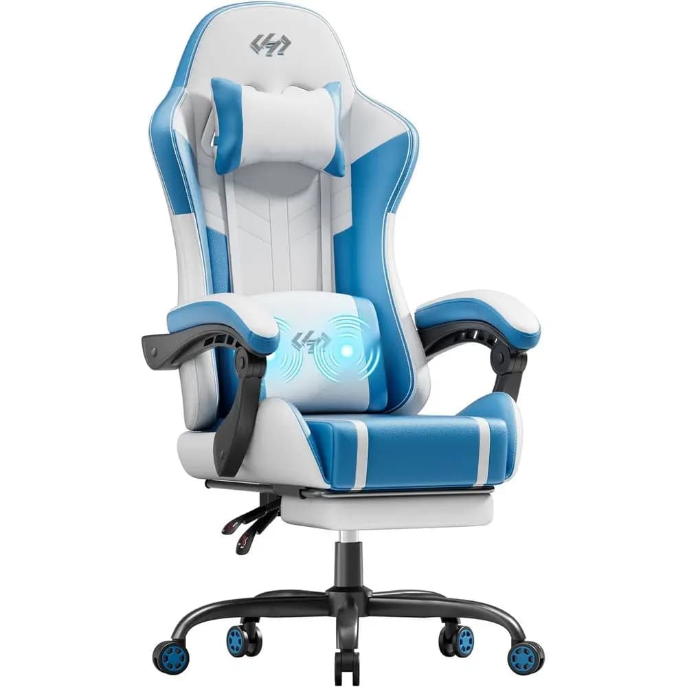 Sedia da Gaming Ergonomica Girevole con Massaggio Lombare, Seduta in Pelle PU per Adulti, Uso Domestico o Ufficio (Bianco e Blu)
