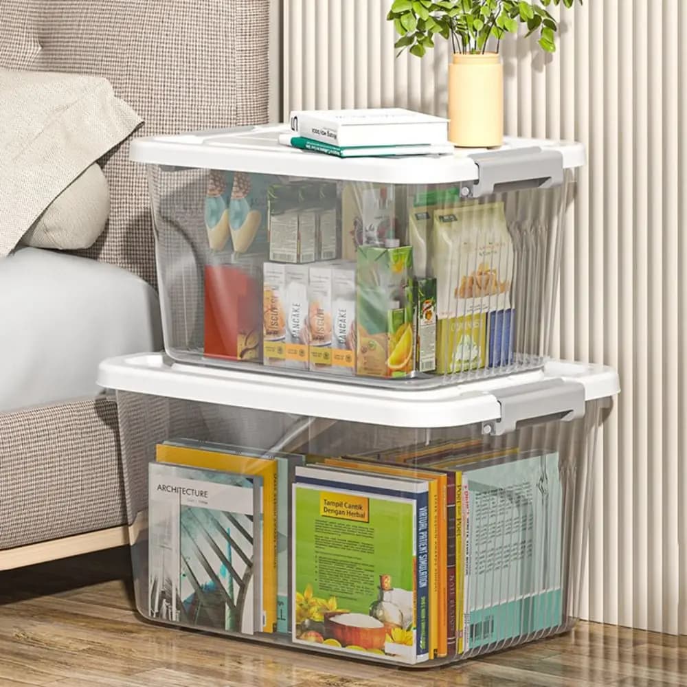 Scatola portaoggetti trasparente Scatola organizzativa Scatola di plastica con coperchio Scatola portaoggetti portatile Scatola portaoggetti per abbigliamento multidimensione Scatola organizzativa