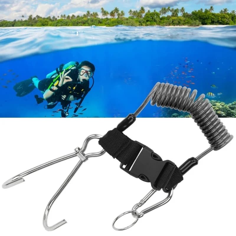 Acciaio inossidabile Doppio gancio per barriera corallina sportiva marina con corda a molla per accessori per immersioni subacqueeNero trasparente