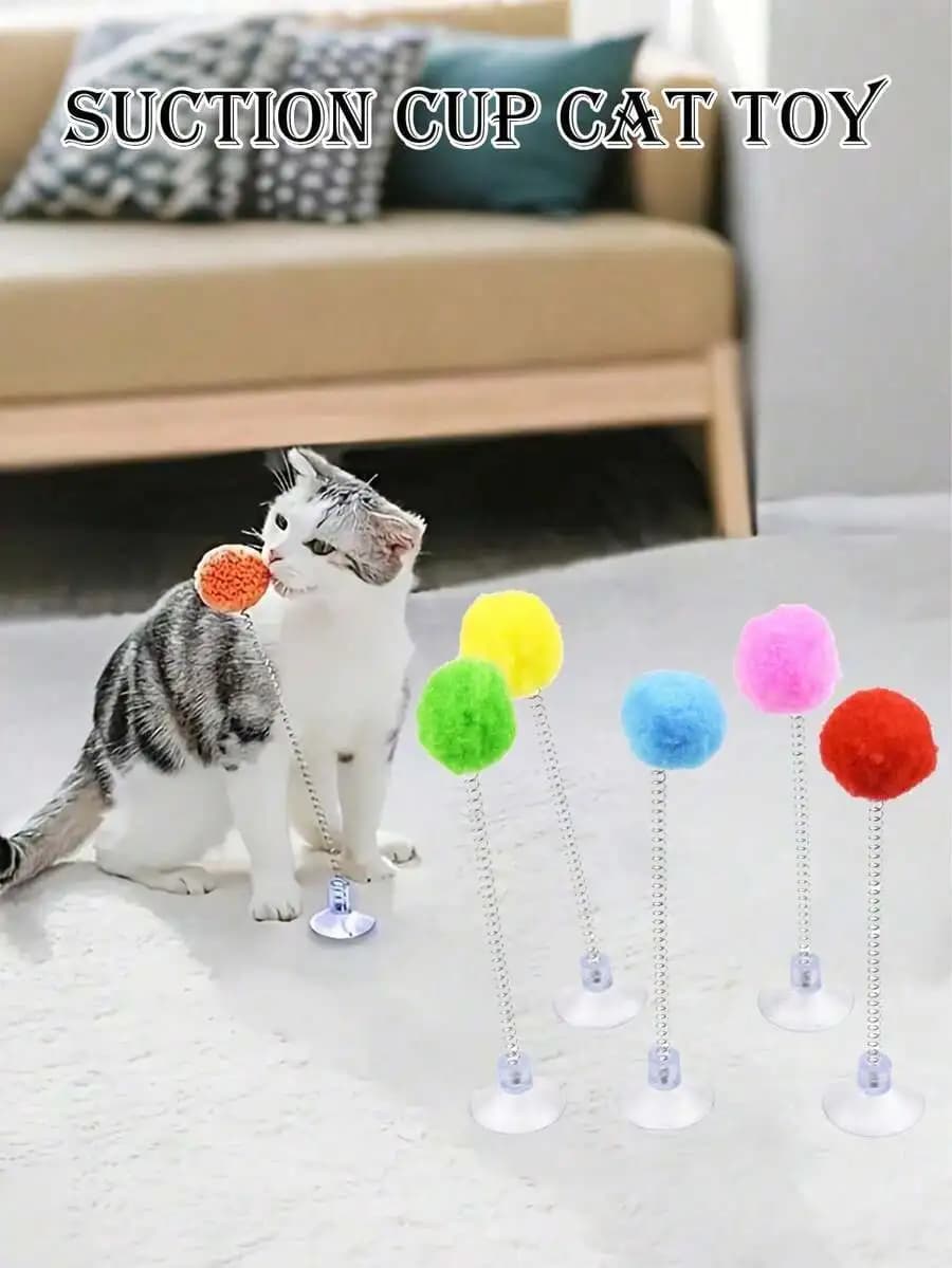Suction Cup Cat Toy With Plush Ball And Spring Rod For Interactive Play