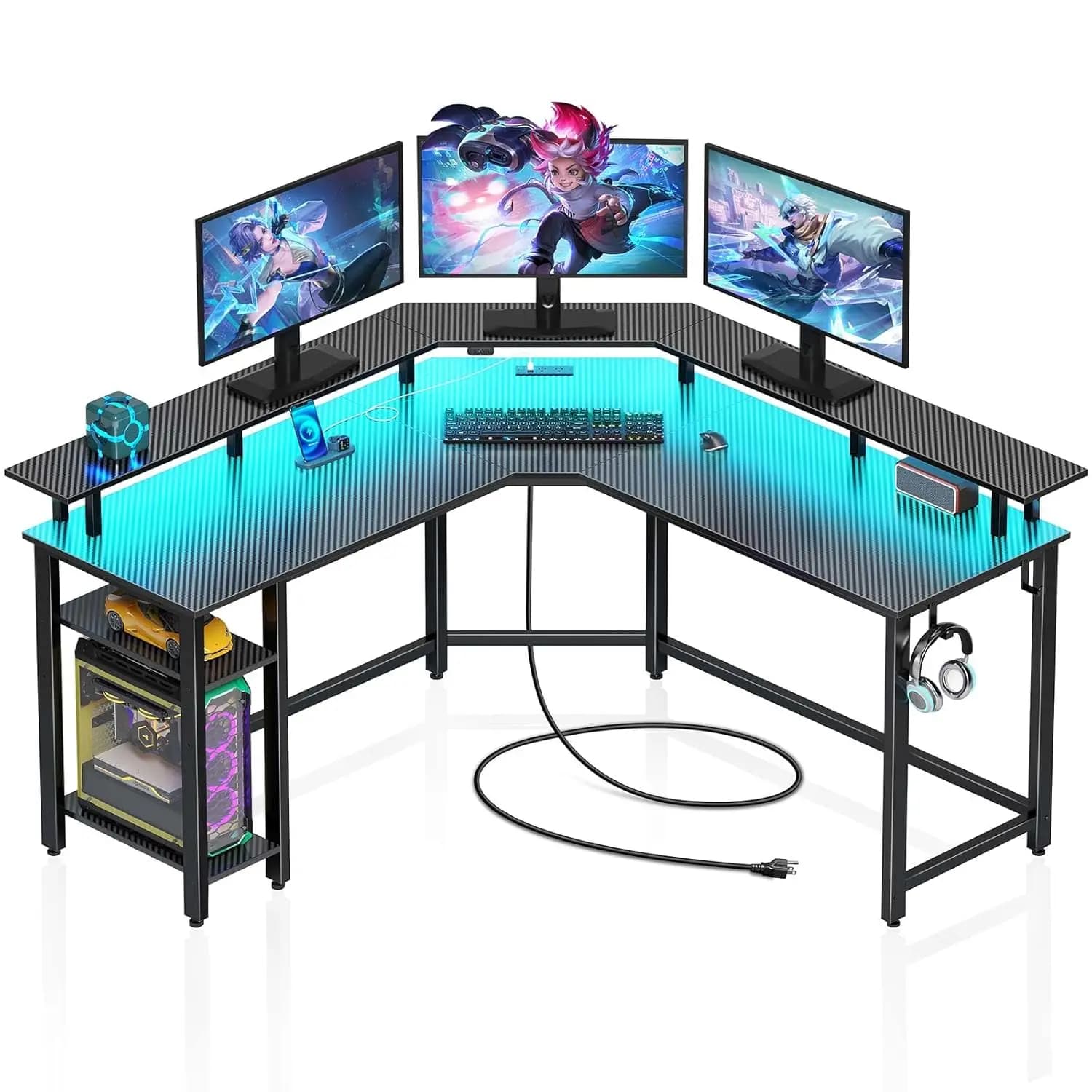 L Gaming desk with LED lights and current sockets, 53-inch Computer desk with Monitor and Wall mounted shelf, Customizable