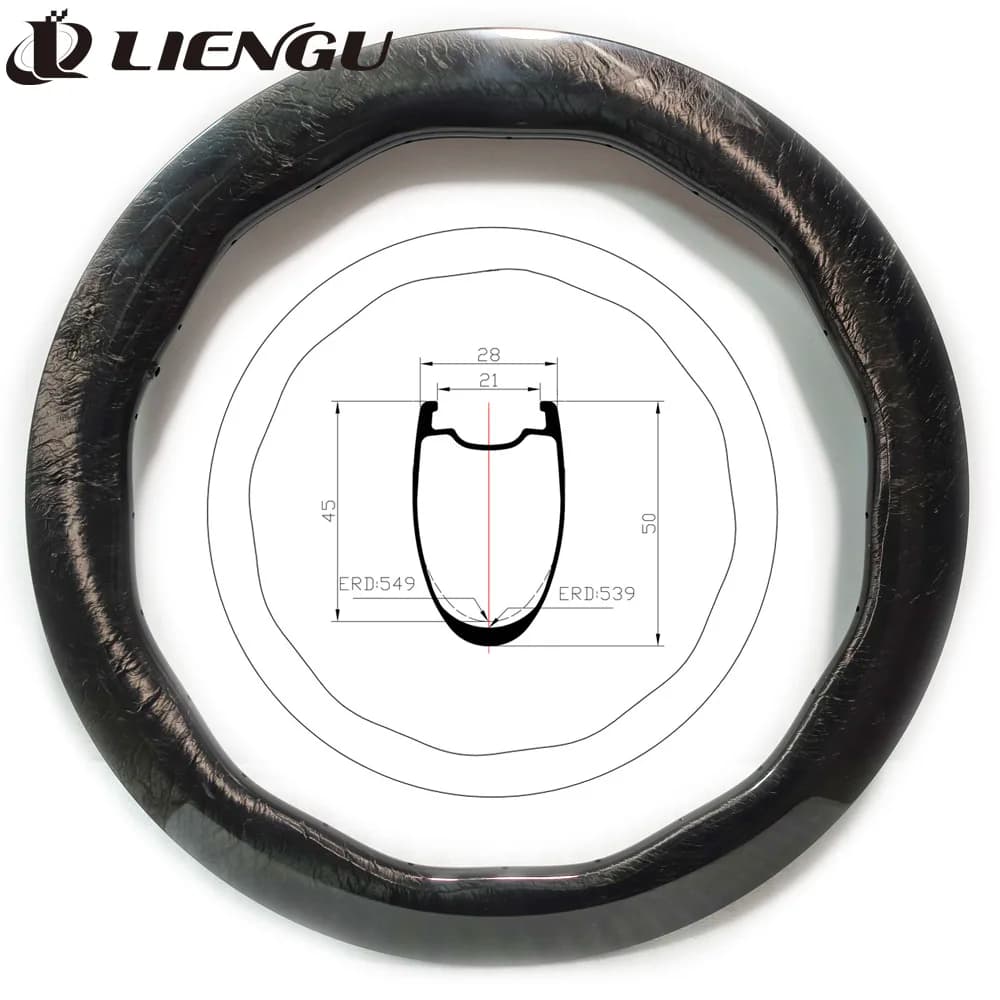 420g 45mm 50mm Forma d'onda Cerchione in carbonio 700C Bici da strada 28mm Larghezza Freno a disco 24 fori 700 Ruota per bicicletta Tubeless 21mm Larghezza interna