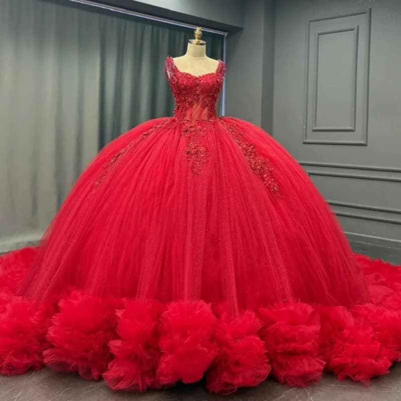 Abiti Quinceanera rossi lucidi con spalle scoperte Applique con perline di fiori Corsetto di cristallo Tull a strati Festa di compleanno Abito dolce 16