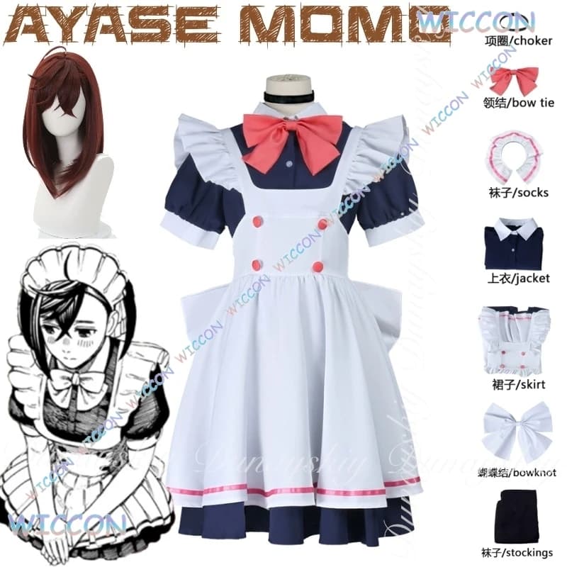 Cos/DANDADAN Anime Ayase Momo Cosplay Spice Girl Studente delle scuole superiori con parrucca marrone con costume cosplay abito bianco nero