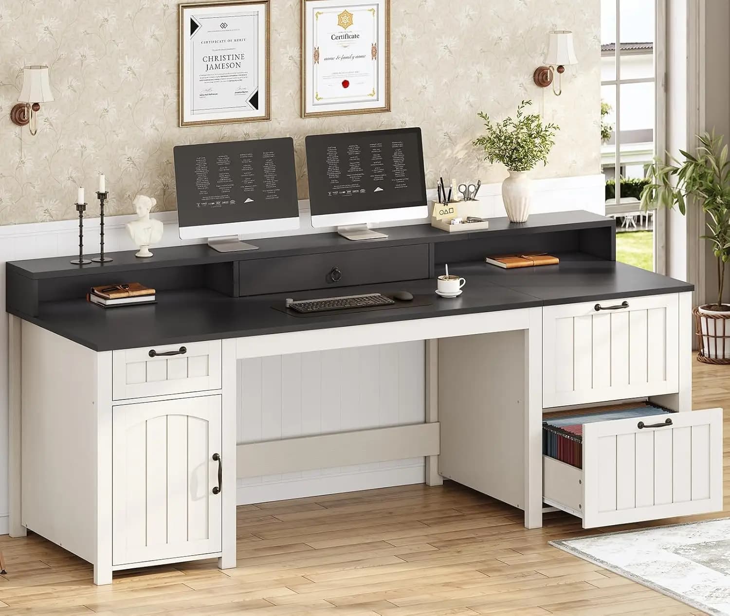 Farmhouse 63" Executive Desk, Home Office Desk with File Drawer and Monitor Stand, Computer Desk with Drawers and, Customized