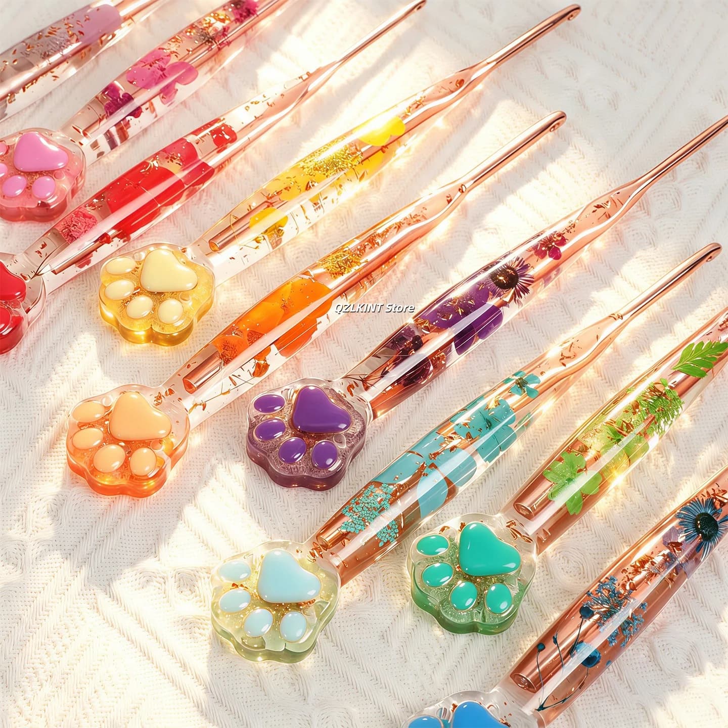 Ergonomic Cat Paw Resin Crochet Hook 2.0‑6.0mm Crochet Needle Gold Foil Inlaid Dried Flower Aluminum Head DIY Knitting Needle
