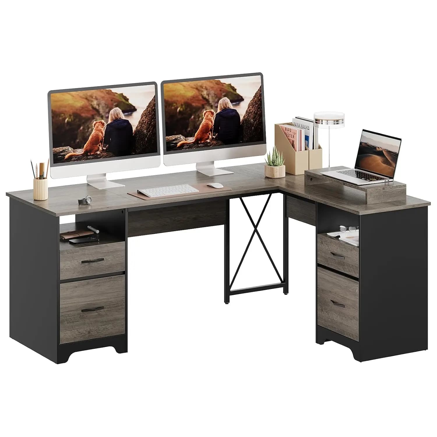Scrivania a L con 4 Cassetti 160x120cm, Supporto Monitor con Vano Portaoggetti, Cassettiera Angolare per Ufficio Domestico, Grigia Personalizzabile