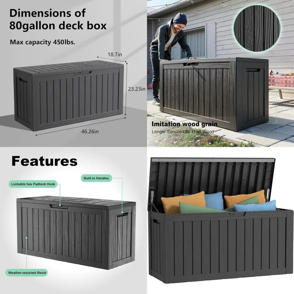 Exterior box with 80 Gallon Key Clasp for Terrace, Waterproof Resin Box for Tools and Garden Accessories (Black)