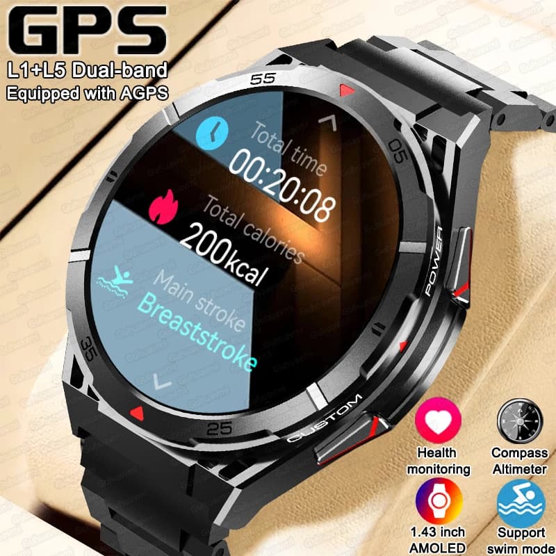 New Outdoor Built-in GPS Watch Smart Men 1.43 ''AMOLED Display 3ATM compass Waterproof Bluetooth Swimming Grade Smartwatch Call