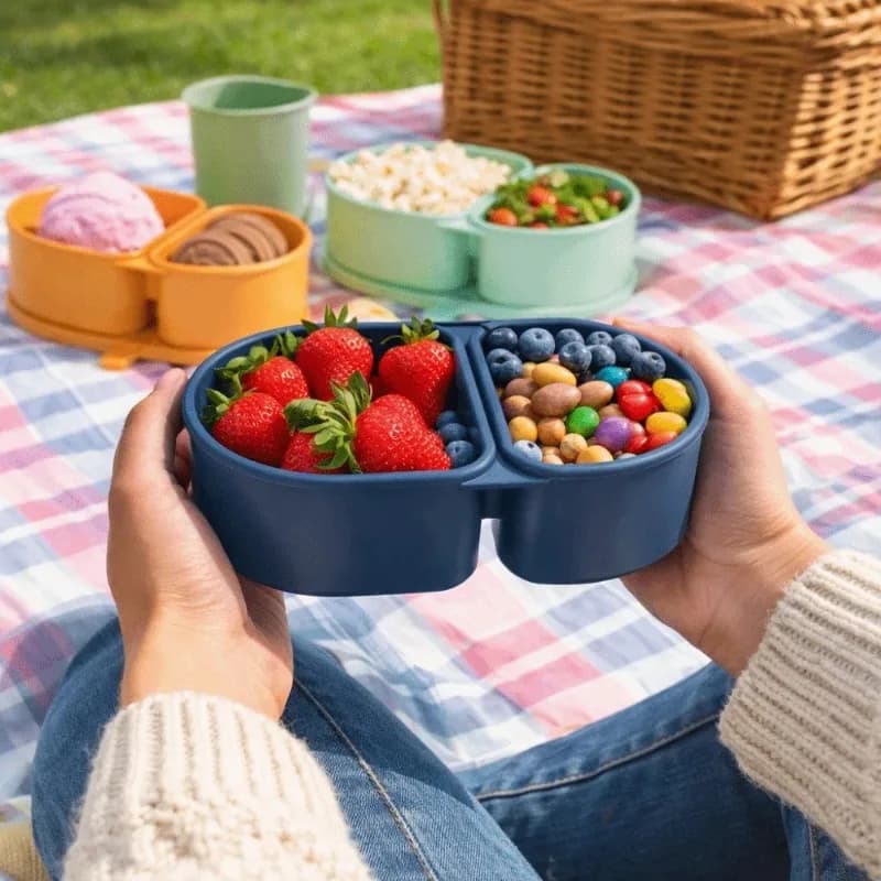 Contenitore per Pranzo in Silicone di Grado Alimentare Riutilizzabile con Doppio Scomparto e Coperchio, Colore Solido, per Preparazione Pasti e Picnic
