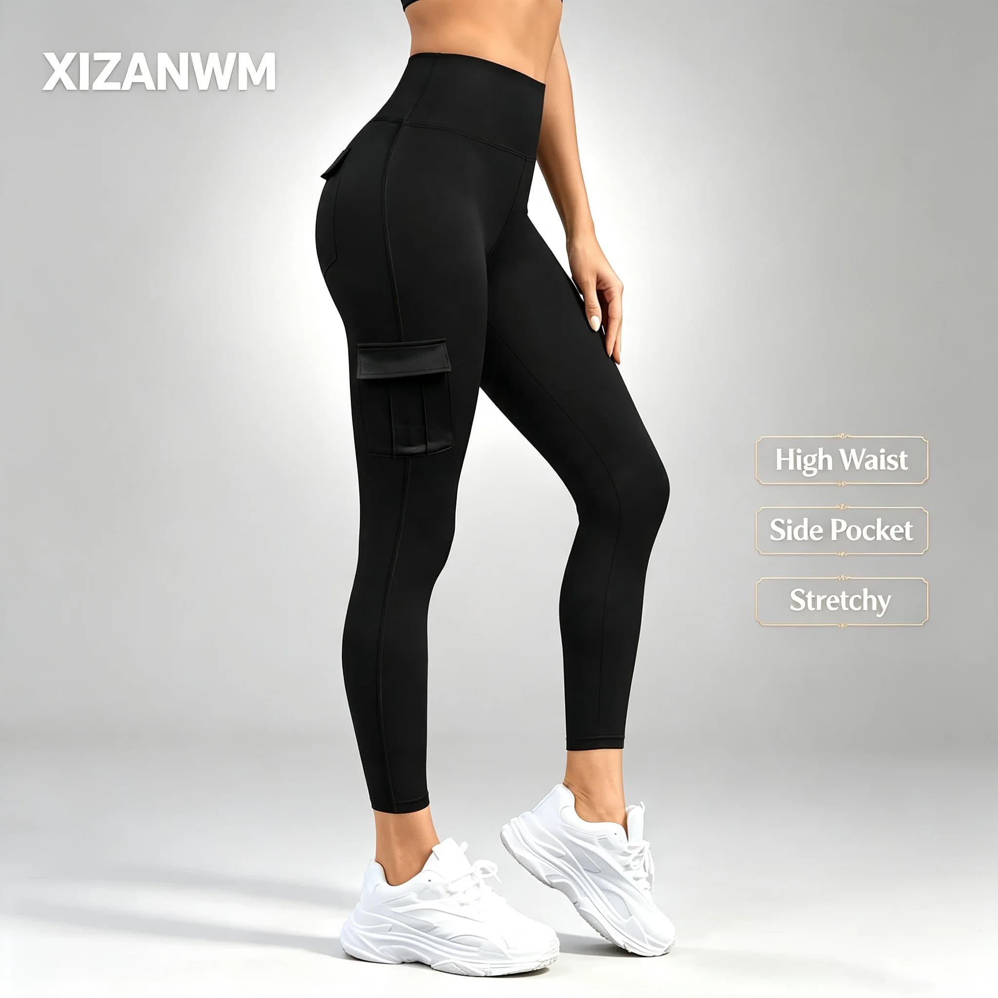 Women High Waist Stretch Pockets Cargo Pants Scrunch Booty Workout Athletic Gym Bottoms Quick Drying Sports Leggings Streetwear