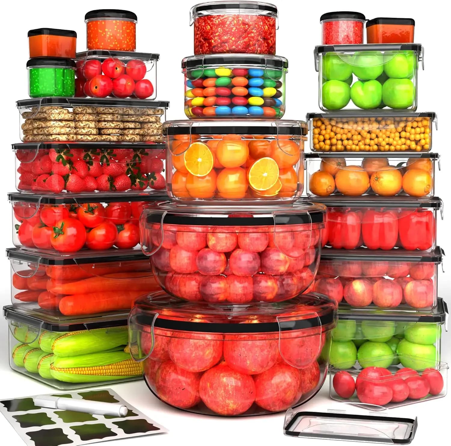 Set di 44 Contenitori per Alimenti con Coperchi Ermetici (22 Scatole Impilabili - 22 Coperchi) in Plastica per Preparazione Pasti, Ideali per Dispensa e Cucina