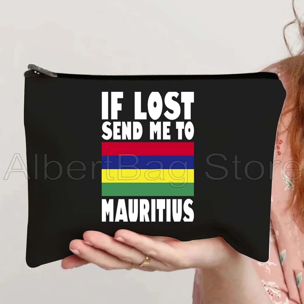 Borsa da viaggio in tela con bandiera e mappa dell'isola di Mauritius, Oceano Indiano, regali, astuccio per cosmetici, rossetti, trucchi, articoli da toeletta, astuccio per matite, pochette con cerniera