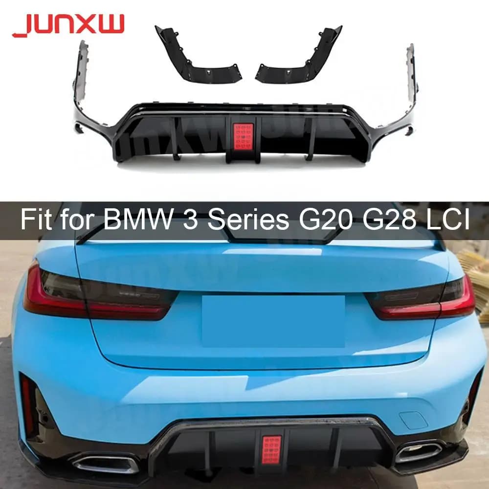 ABS Rear Diffuser Bumper Lip Chin Spoiler With Led Light Rear Winglet Apron For BMW 3 Series G20 G28 LCI 2023+ Car Accessories