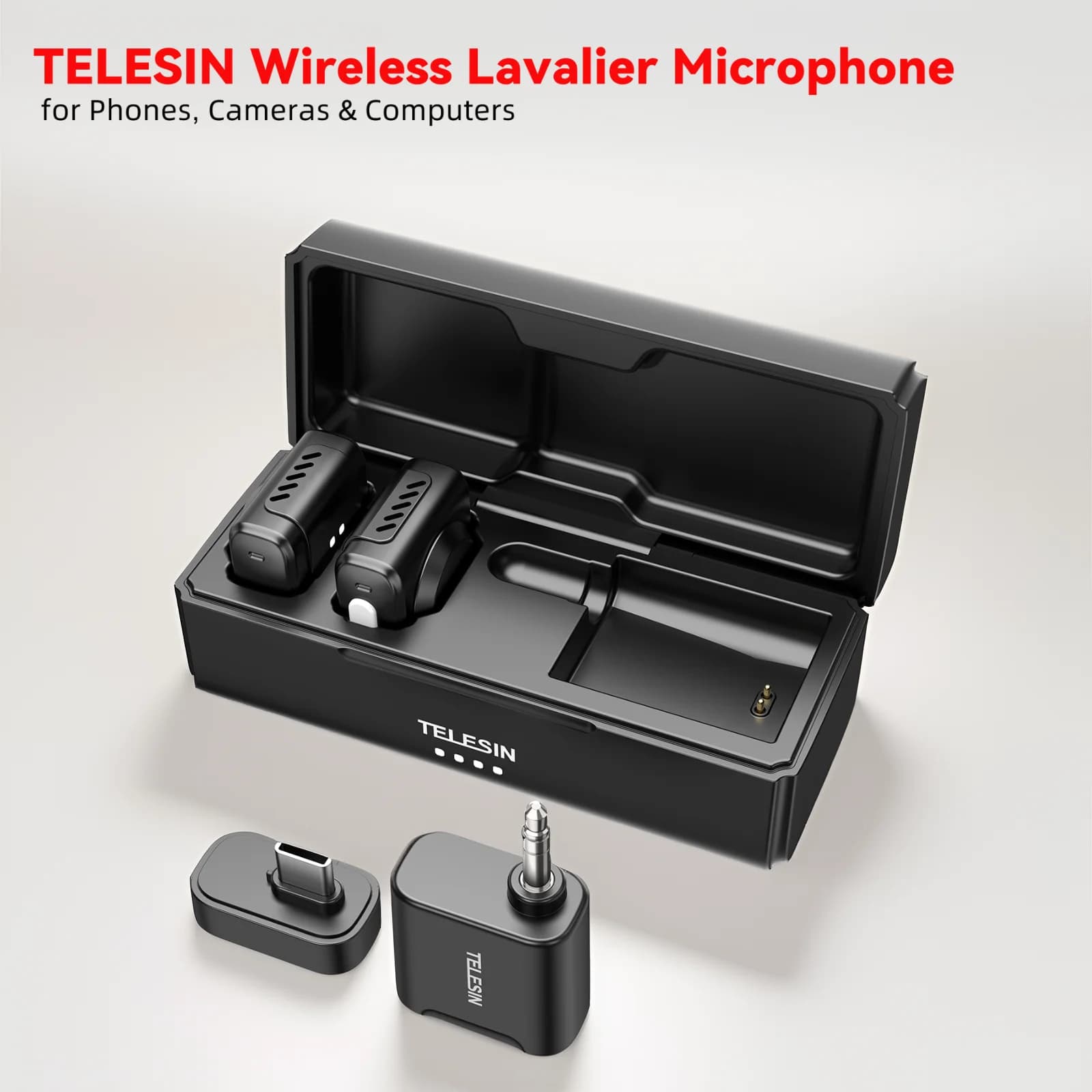 TELESIN Microfono lavalier wireless 2 in 1 con custodia di ricarica, riduzione del rumore con un clic adatto per telefoni, fotocamere e computer