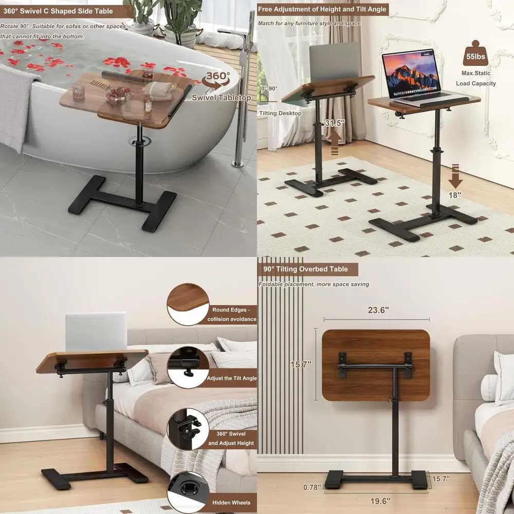 Tavolino Girevole a C con Supporto per Laptop, Tavolino Mobile da Divano, Vassoio TV con Ruote - Noce