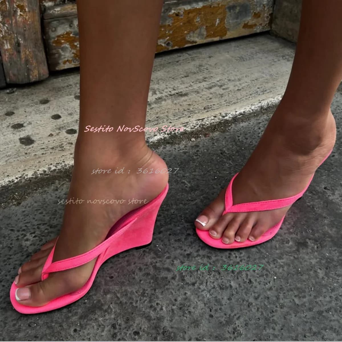 Pink Suede Flip Flops Slip On Open Toe Wedges High Heels Classic Summer Sexy Women Dress Party Daily Causal Sandals Shallow