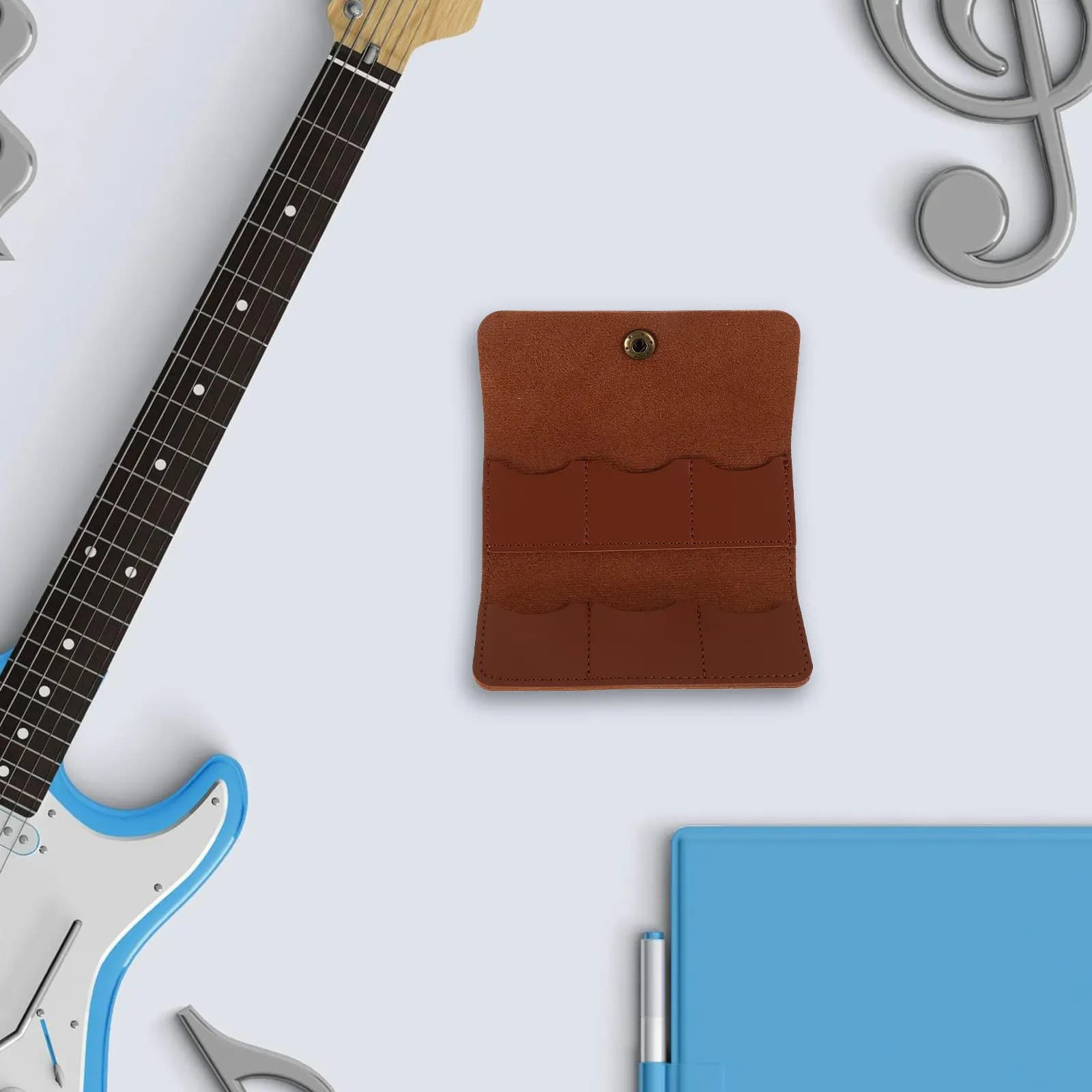 Custodia per plettri da chitarra marrone finto con supporto, scatola porta plettri per accessori per musicisti di chitarra acustica, elettrica e basso