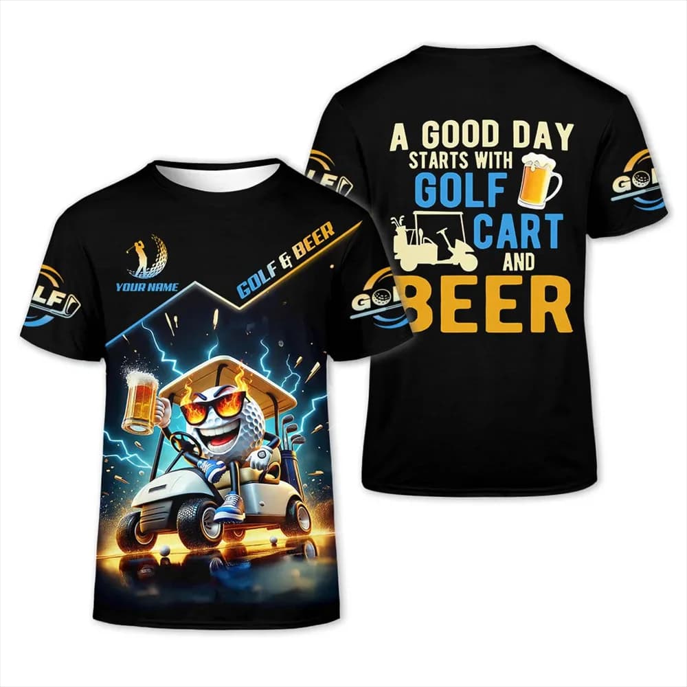 T-shirt da Golf con Birra Stampata in 3D per Uomo Nome Personalizzato Divertente Motivo a Teschio Manica Corta Magliette Estive Casual Streetwear Top per Golfisti e Amanti della Birra