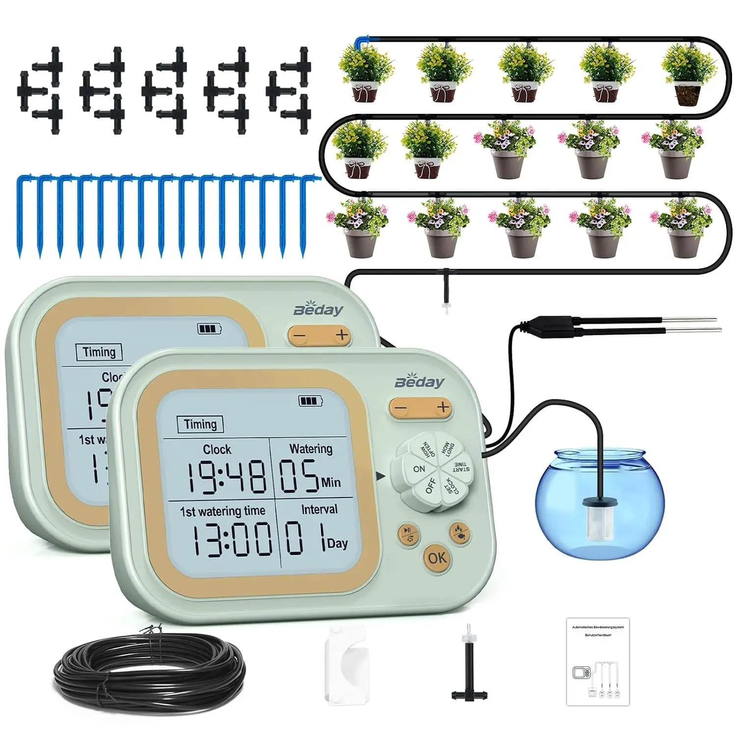 Auto Plant Watering System for 15 Pots, Programmable Timer with Humidity Sensor, 2-Pack
