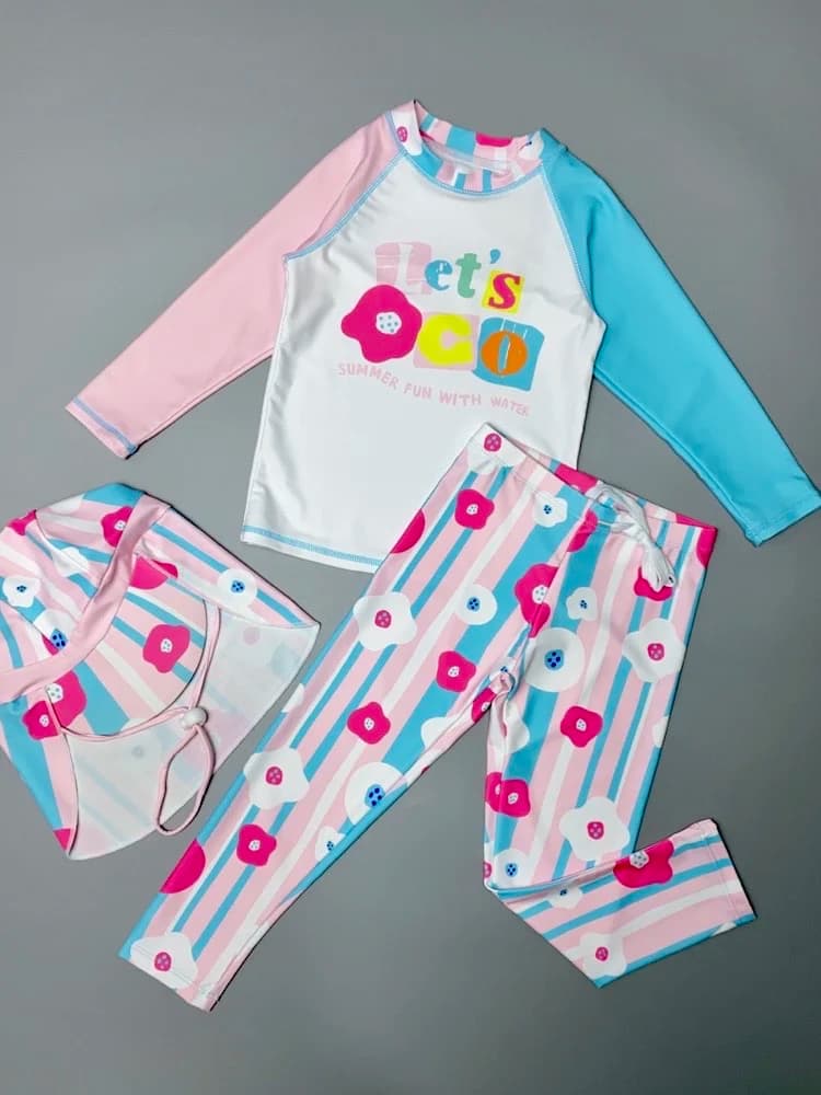 Long sleeve separate swimsuit for girls, for surfing and snorkeling, fast drying, polyester and elastane, fashionable and cute for girls