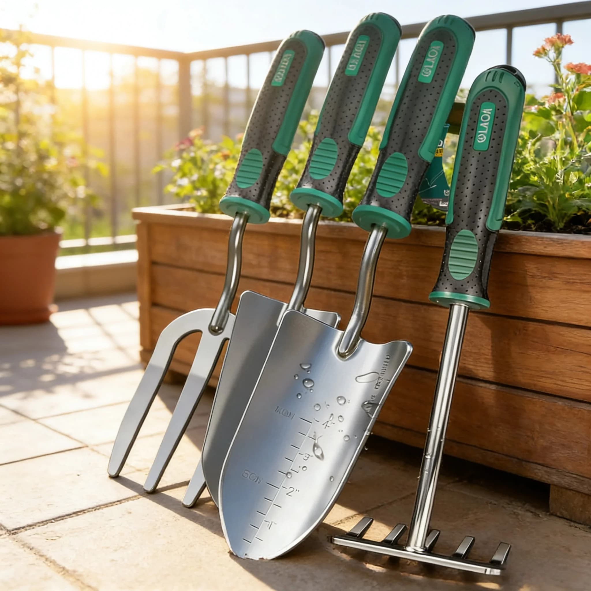 Set of LAOA garden tools, shovel for planting, rake for soil, manual hole, pruning shears, complete kit for garden maintenance